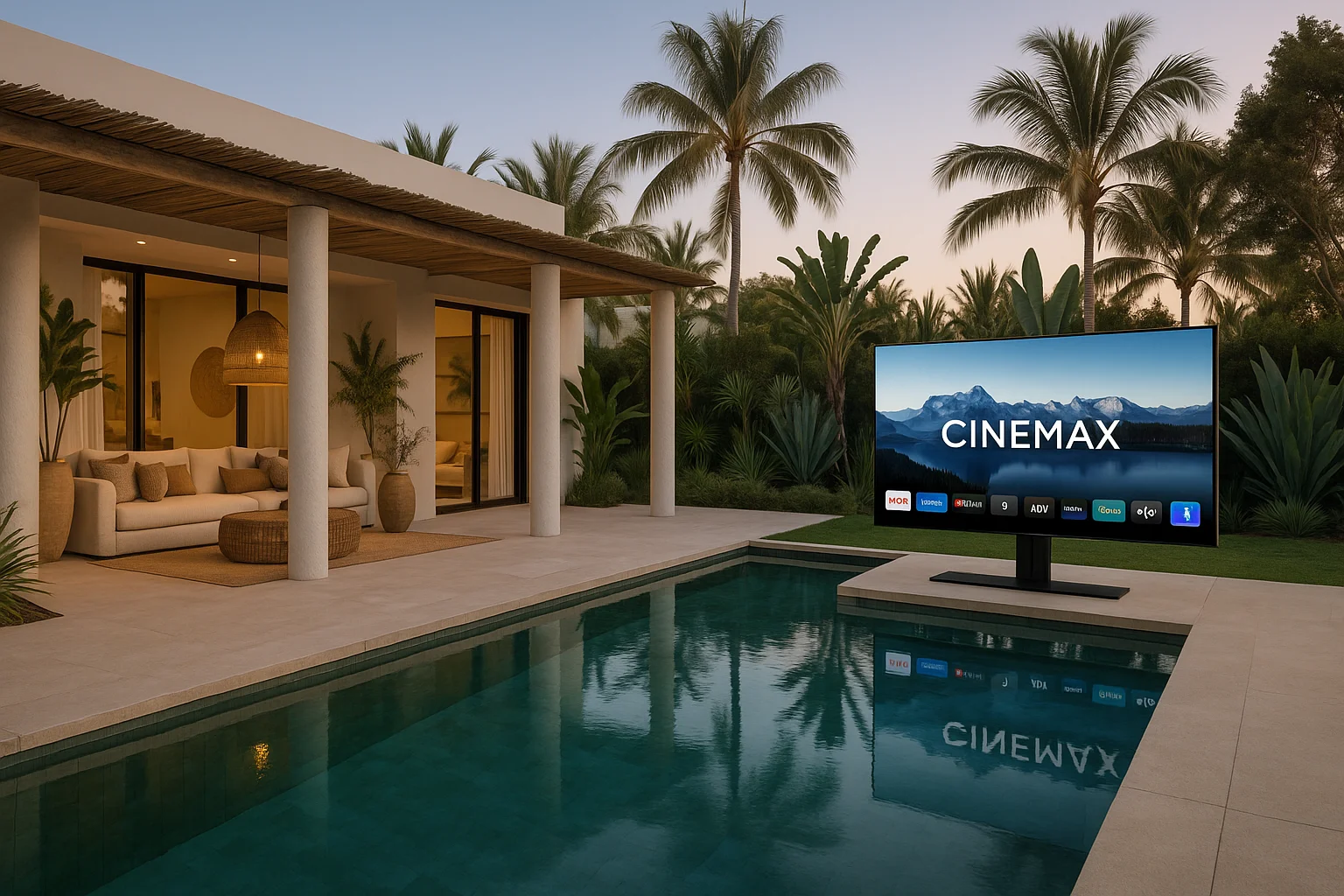 CINEMAX villa piscine coucher de soleil